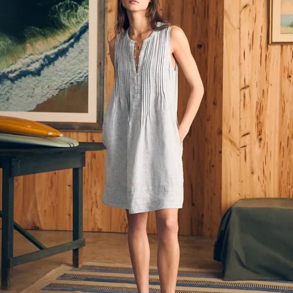 FAHERTY Isha Dress Blue Mini - Stripe Womens Medium 100% Linen - Picture 1 of 8
